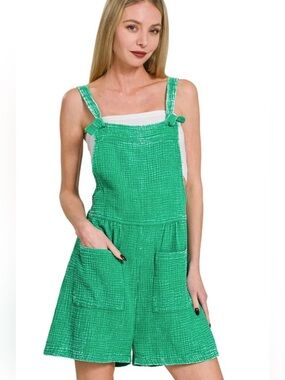 Zenana Woven Double Mystic Green Gauze Acid Washed Romper